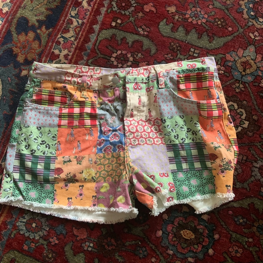 Rachel Antonoff Orange and Green Jean Shorts Patchwork Style